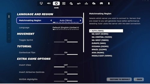 Select settings to change your region for matchmaking
